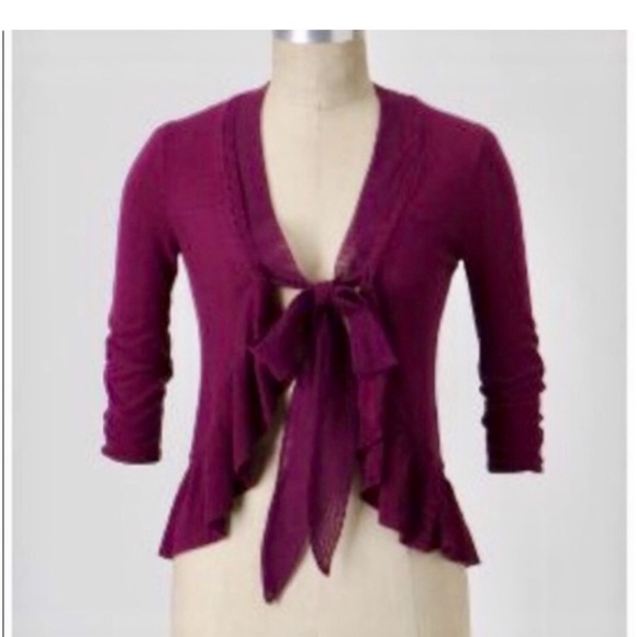 Anthropologie Sweaters - Anthropologie Guinevere Plum Ruffle Cardigan with Bow Tie Closure